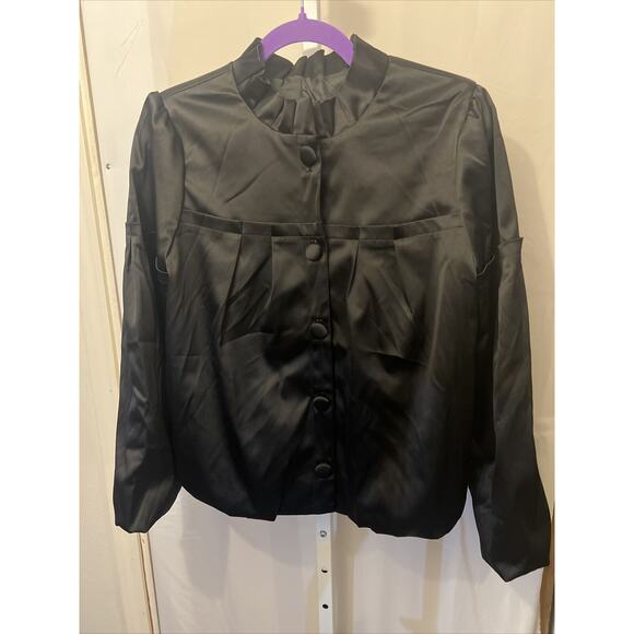 APOSTROPHE Black Retro Crop Jacket Satin Vintage Look Pleated Boho L/S SZ Small - Picture 1 of 10